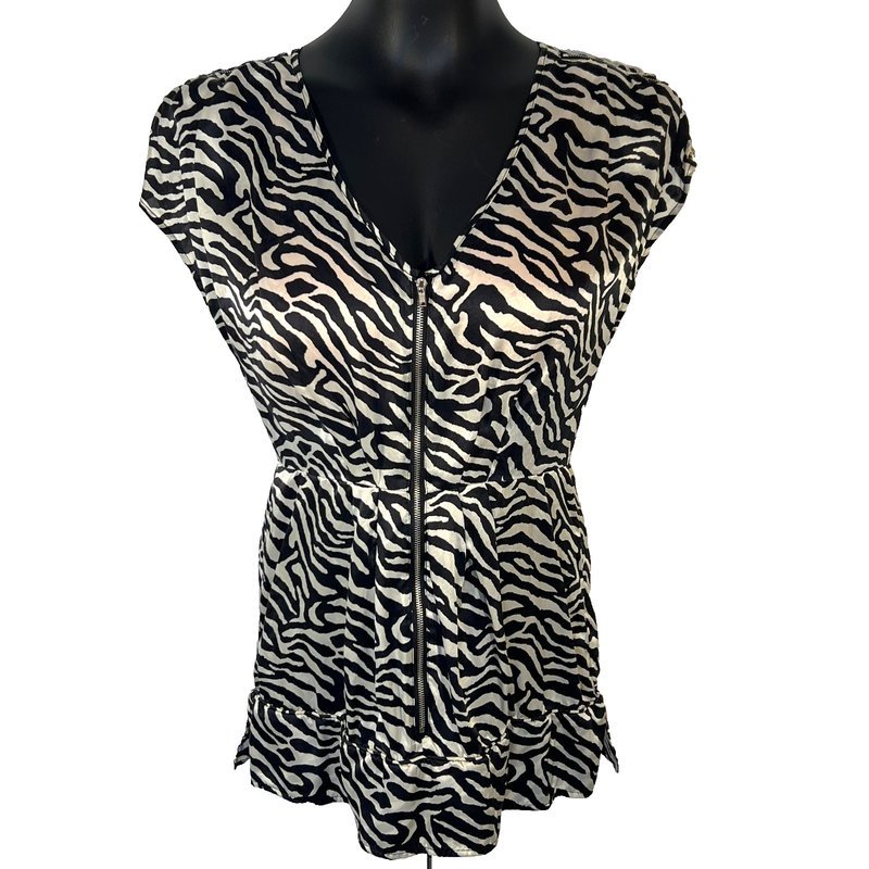 Walter Silk Blouse Women's Size S Cap Sleeve Black Beige Tiger Print Zip Front